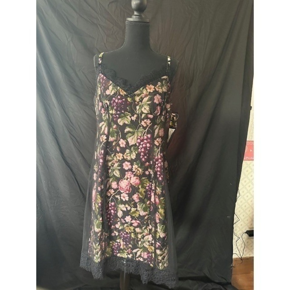 Maeve Floral Grape Vine Print Lace Trim Slip Dress Midi Black Purple Pink Roses